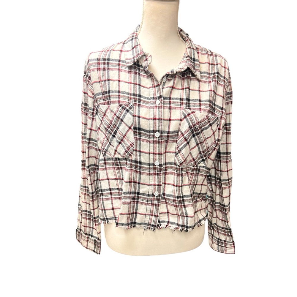 Plaid Button-Up Shirt red white black  large